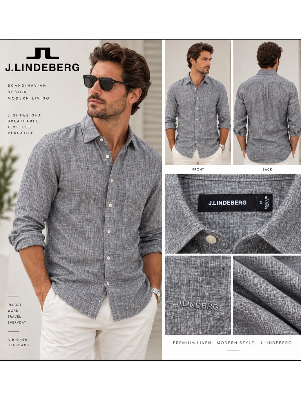 J.Lindeberg Men’s M 100% Linen Gray Long Sleeve Button Up Shirt Lightweight